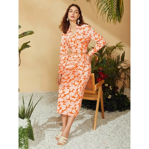 SHEIN Allover Floral Print Twist Side Skirt Midi Zip Fit Orange XS High Waist - Picture 1 of 9
